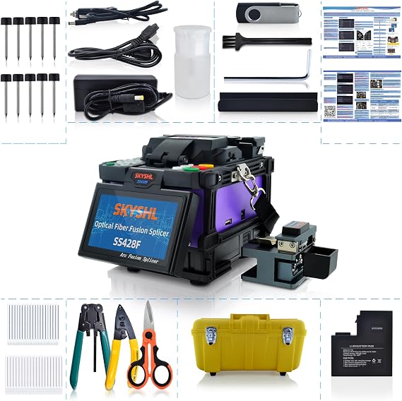 FTTH Core Alignment Optical Fiber Fusion Splicer (with 5pairs Electrodes,Fiber Cleaver Kit,Car Charger) Handheld Low Splice Loss Auto Focus Fiber Splicing Welding Machine (SS428F)