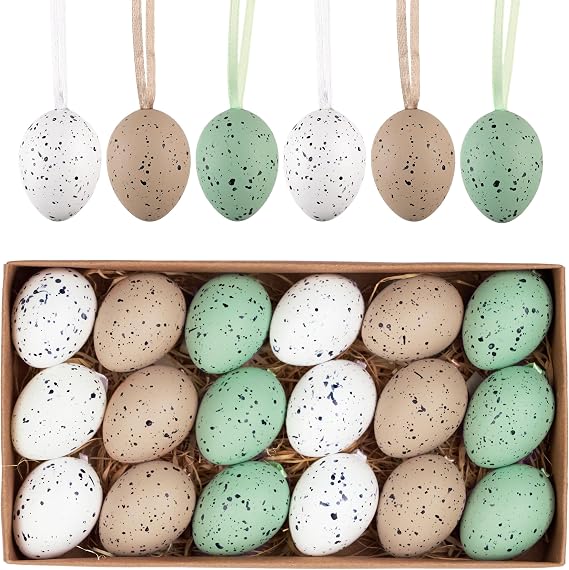 Valery Madelyn 18pcs Easter Egg Decoration Tree Ornaments Set, 4CM Shatterproof Hanging Easter Eggs for Tree,Beige White Green Easter Basket Stuffers Egg Bulk for Spring Window Party Decor