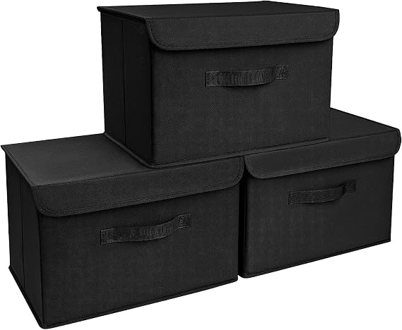 DIMJ 3 Pack Storage Boxes with Lid, Fabric Baskets Closet Storage Bins with Handles Cube Baskets Organization for Home, Office, Nursery(Black)