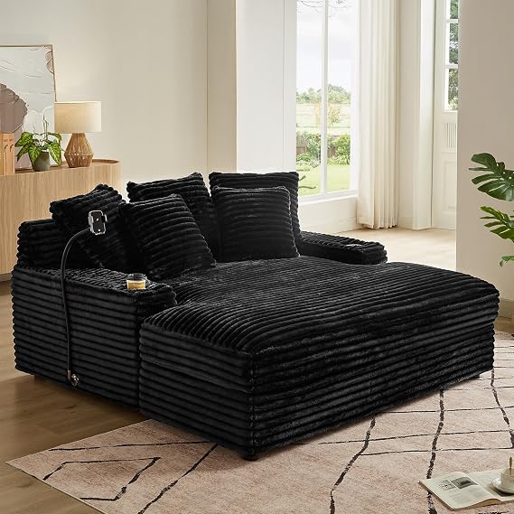 Oversized Chaise Lounge Chair, Extra Thick Fluffy Upholstered Cloud Loveseat Sofa Bed, Large Deep Seat Couch with Wireless Charging and Cup Holder for Living Room, Office (Black)