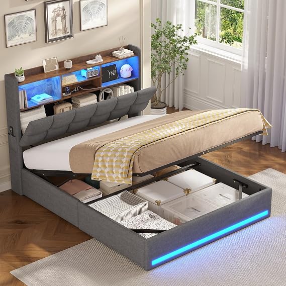 AOGLLATI Ottoman Double Bed Frame with Hydraulic Storage & Led Lights