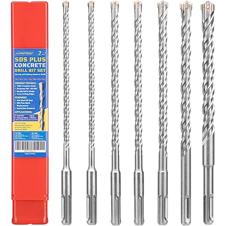 7-Pc SDS Plus Carbide Drill Bit Set (6/8/10/12/14mm) for Rotary Hammers & Impact Drills, Tungsten Tipped Drill Bits for Concrete, Masonry, Brick & Natural Stone