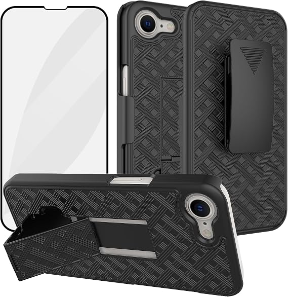 Ailiber iPhone 16e用ベルトクリップケース、スタンドホルスタースクリーンプロテクター-ブラック