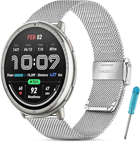 Metal Strap Compatible with Amazfit Active2 / Active / GTS4 / GTS3 / GTS2 / GTS, 20 mm Stainless Steel Replacement Bracelets, Safe and Anti-Loosen, Double Safety Clasp