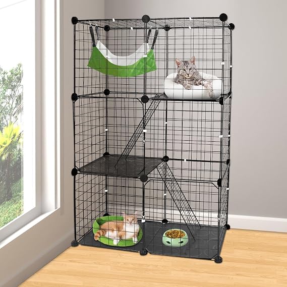 3 Tier Cat Cage, Indoor Cat Enclosures, DIY Cat Playpen Detachable Metal Wire Kennels Kitten Crate Cats House with 3 Doors 2 Ladders Large Exercise Place for 1-3 Cats/Kitten, 28"x14"x42"