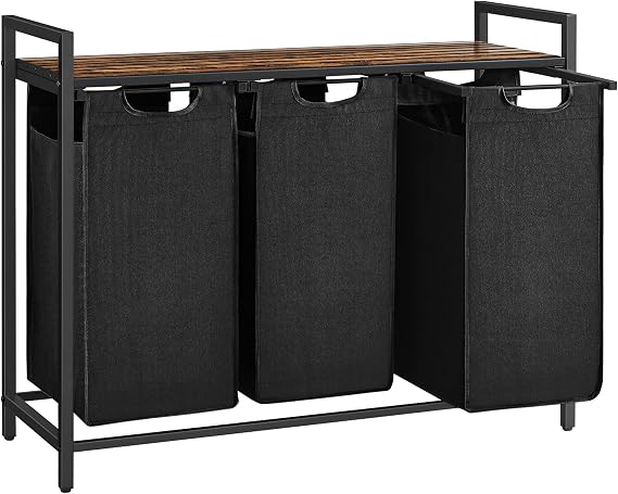 VASAGLE Çamaşır Sepeti, 3 Bölmeli Çamaşır Sepeti, Çıkarılabilir Çamaşır Torbaları, Çamaşır Sıralayıcı, Raf, Metal Çerçeve, 3 x 38L, 92,5 x 33 x 72 cm, Rustik Kahverengi ve Siyah BLH301B01