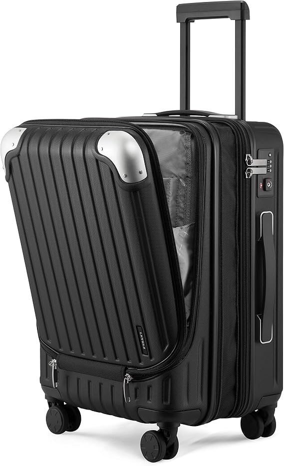 LEVEL8 Carry on Suitcase, 55CM Hand Luggage Expandable with Laptop Compartment, ABS+PC Hardshell Spinner Trolley Cabin Size with 4 Wheels, TSA, Black