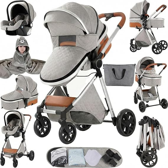 Magic ZC 3 in 1 Pushchair Pram Travel System, Baby Stroller 3 in 1 with Reversible Two Pushing Modes, Newborn Infant Buggy Aluminum Frame, Toddler Carriage One-Click Folding (V9 Light Grey)