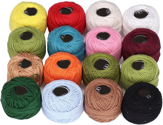 Crochet Thread, 16PCS Cotton Yarn Threads Colorful Cotton Craft Yarn for Crochet and Knitting, Wide Application for Cross Stitch Crafts