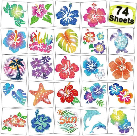 CHARLENT Glitter Hibiscus Temporary Tattoos, 74 Sheets