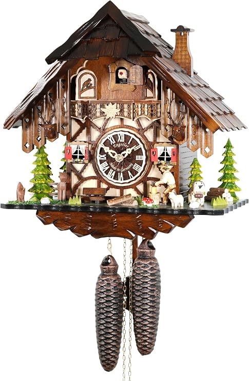 Engstler Cuckoo Clock Black Forest house with moving wood chopper
