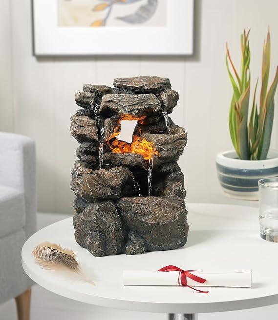 Cascading Tabletop Water Fountains with LED Light - Indoor Rockery Waterfall Fountain - Quiet and Relaxing Water Sound - Small 9.7 Inch Desktop Size - Home/Office Decor