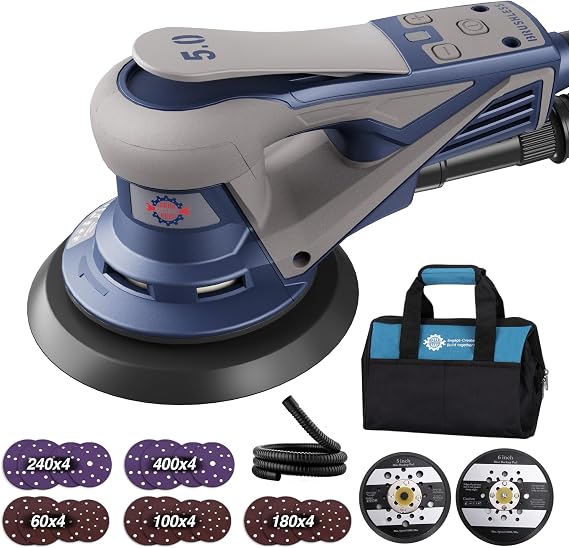 Brushless Random Orbital Sander, 350W 10000 RPM Electric Sander with 125mm&150mm Sanding Pad, 7 Variable Speeds, 20pcs Sandpapers Brushless Sanders for Sanding and Polishing, Carrying Case