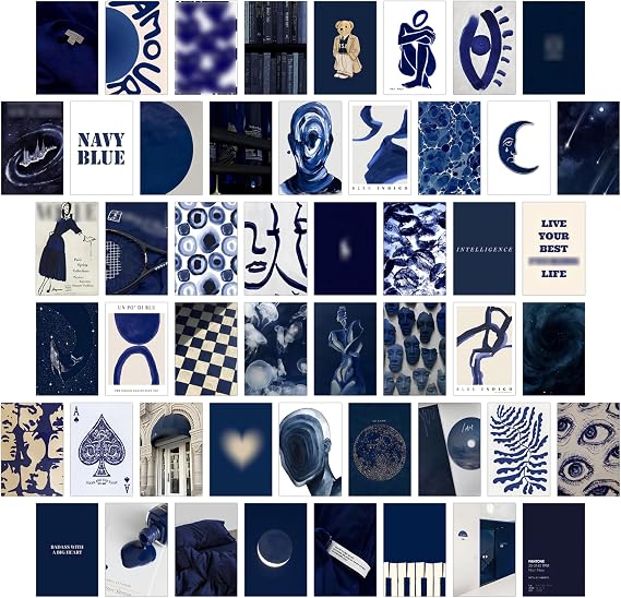 Navy Blue Wall Collage Kits, 50 Pcs 4x6 Inch Aesthetic Wall Art Prints and Posters, Navy Room Decor and Wall Decor for Teen Girls Bedroom, Trendy Blue Photo Kit