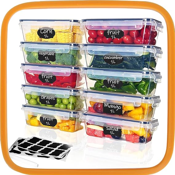 Hibisaws 10 Pack 1L Food Storage Containers with Lids, Leakproof Airtight Meal Prep Boxes, BPA-Free Stackable Fridge Organiser Containers for Lunch, Leftovers, Batch Cooking & Freezer Storage