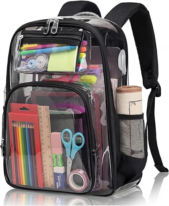 Clear Backpack Transparent PVC Waterproof See Through Rucksack School Gym Bag with Adjustable Straps for Men Women College Concerts Sports Stadium Approved (43x31x15cm, Black)