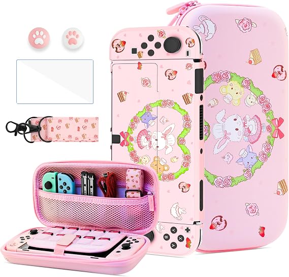 HYPERCASE Sevimli Tavşan Anahtarı OLED Kılıf Kiti, Anahtarlı Pembe Aksesuar Paketi Kiti OLED Seyahat Taşıma Çantası, Sert PC Anahtarı OLED Koruyucu Kapak, Ekran Koruyucu, Omuz Askısı, 2 Thump Caps