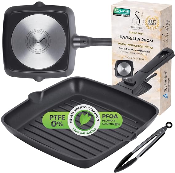 Stone&Stone Grill Pan Induction 11 Inches Non-Stick, PFAS Free PTFE PFOA, GREBLON Q-Line CK 3000, Integral Steel Base, Removable Handle, Suitable for Gas and Oven up to 446 °F, Tongs Included