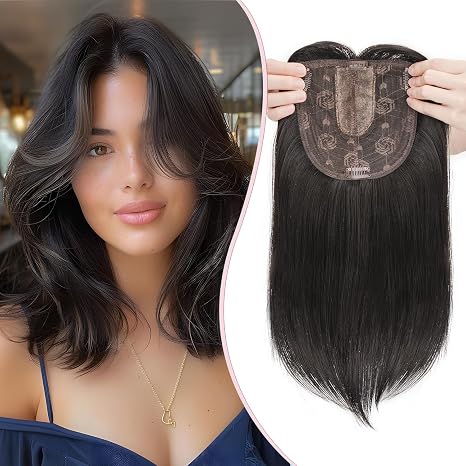 S-noilite Hair Toppers for Women Toupee Toppers Hair Extensions Wigs with Fringes Hair Topper Base 15 x 15 cm Clip-In Synthetic Hairpieces Straight 35 cm 120 g Dark Brown