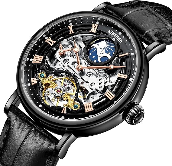 Mens Luxury Skeleton Automatic Mechanical Wrist Watches Leather Moon Phrase Luminous Hands Self-Wind Watch