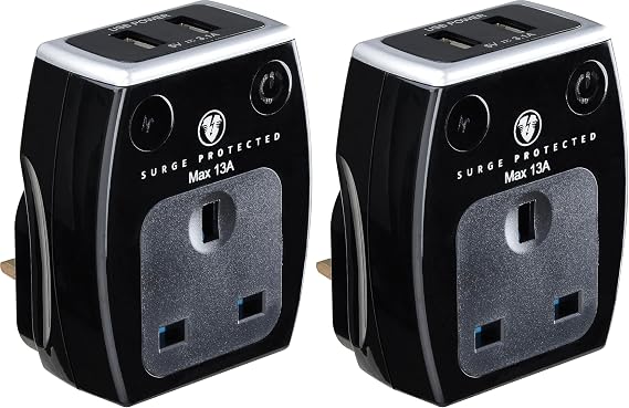 Masterplug Single Socket Surge Protected Power Adaptor with Two USB Charging Points, Polished Black (Pack of 2)