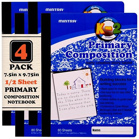 Mintra Primary Composition Notebook, 4 Pack, Blue Cover, 80 Sheets, 7.5in x 9.75in, 1/2 Sheet, Ruled with Drawing Area, Flexible Hardcover Journal, Grades K-2, School & Home Use