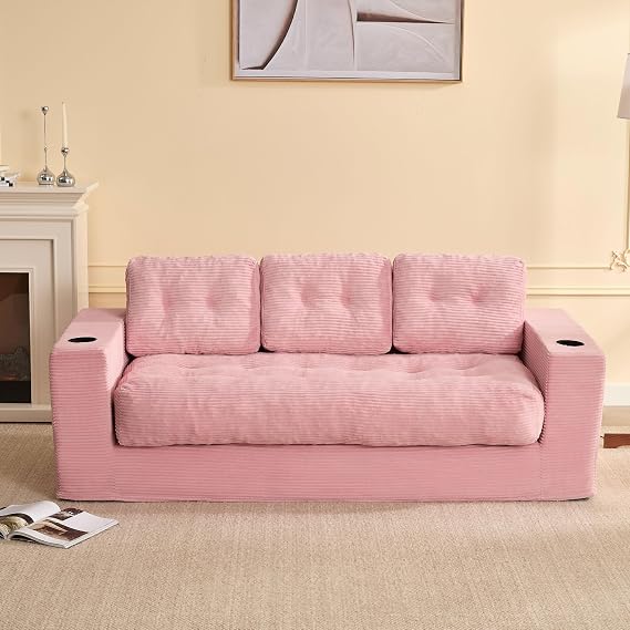 3 Seater Sofa,Space-Saving Boneless Sofa in a Box with Cushions & Cup Holders, Corduroy Floor Sofa with Backrest, No Assembly Required, for Small Spaces & Teens, Pink
