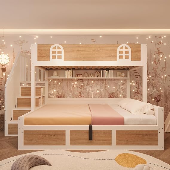 Kids Bunk Bed Frame Children's High Sleeper with Hydraulic Lift&Storage Staircase&Shelves, 3FT Single 4FT6 Double Loft Bed with Guardrail&Slats, Triple Bunk Bed for Children Girls Boys, White&Natural