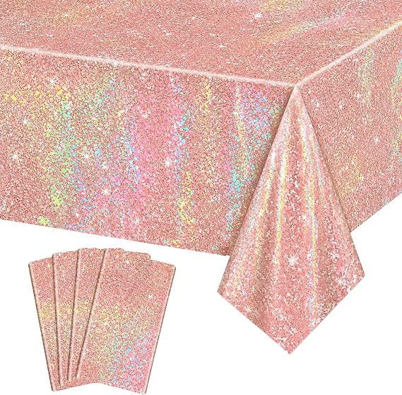 4 Pack Rose Gold Tablecloth, Rectangle Birthday Tablecloth Pink and Gold Table Covers for Girls 18th Birthday Decorations Bridal Wedding Party Supplies, 130 x 220 cm (4, Rosegold)