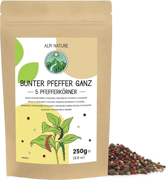 Alpi Nature Mixed Peppercorns with Allspice 250g 8.8 oz, 5 Colour Blend of Black, White, Green, Pink Peppercorns and Allspice Berries