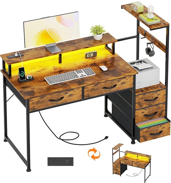 120cm Computer Desk with 5 Fabric Drawers, Reversible Home Office Desk with Printer Cabinet, Writing Desk with Monitor Stand & Power Outlets, Study Table with LED Light, Rustic Brown
