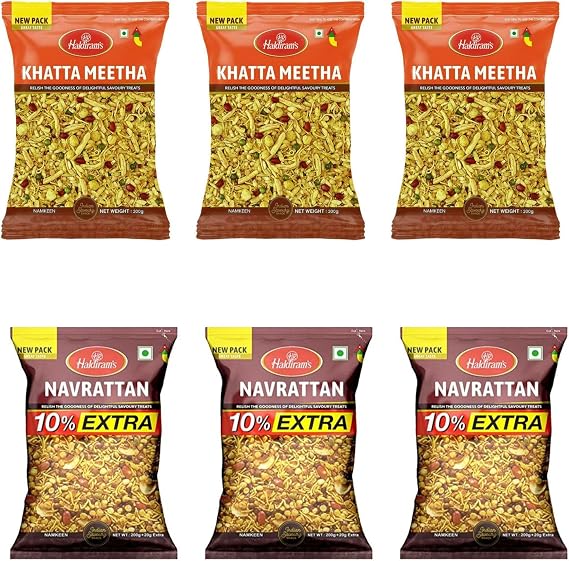 Combo Pack: Haldiram Khatta Meetha (3 Packs) & Haldiram Navratan Mixture (3 Packs) | Authentic Indian Namkeen | Sweet & Spicy Snack Mix | Crunchy Savoury Snack | 200g Each