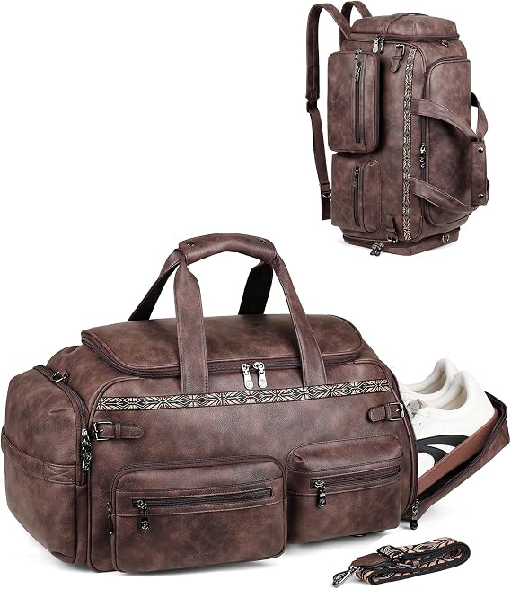 FADEON Womens Duffel Bag, Large Convertible Carry On Overnight Backpack, Designer Leather Men's Weekend Bag for Travel, Coffee Brown Retro Style