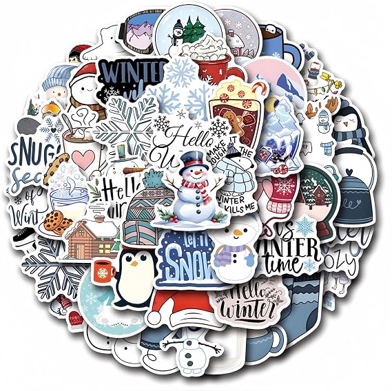 55PCS Winter Sticker Pack, Cute & Waterproof Vinyl Stickers for Scrapbooking, Journaling, Laptops, Phone Cases & Decorating, Ideal Christmas Party Gifts, Scrapbook & Journaling Supplies Accessories