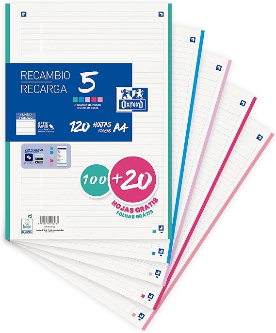 Oxford, A4 perforated ruled sheets, 1 line refill, 120 sheets, 4 holes, 5 pastel coloured bands
