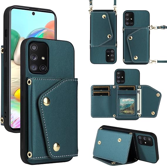 Samsung Galaxy A51 4G用高級ウォレットケース、薄型スリムフリップ財布&ショルダーストラップ付き、PUレザークレジットカードホルダースタンドアクセサリー携帯電話カバー 51 M40S 51A A515F S51用 メンズ グリーン