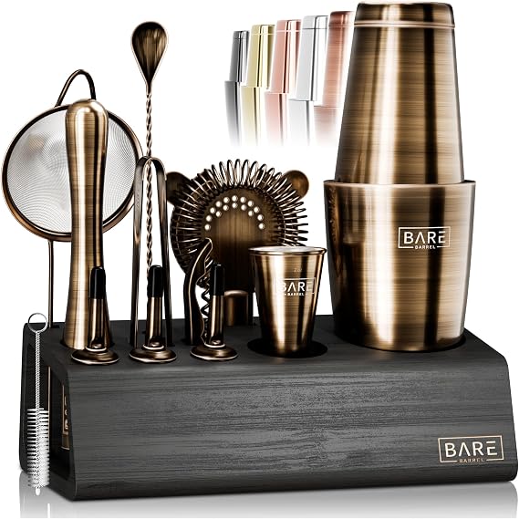 BARE BARREL® Cocktail Making Kit | 14-Piece Bartender Kit Cocktail Shaker Set Maker | Bamboo Display Stand & 35 Recipe Cards | Mixology Cocktail Gift Set (800ml/28oz Boston Shaker, Brass/Black)