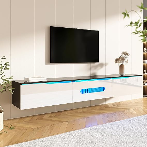 Floating TV Stand Unit with LED Light, 180CM Wall Mounted TV Cabinet with Storage, Modern High Gloss TV Media Console (white)