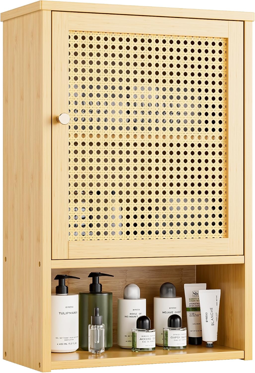 Bathroom Wall Cabinet, Bamboo Over-The-Toilet Storage Organizer with Rattan Doors and Adjustable Shelf, Space Saver Medicine Cabinet for Laundry, Kitchen, Living Room (Natural)