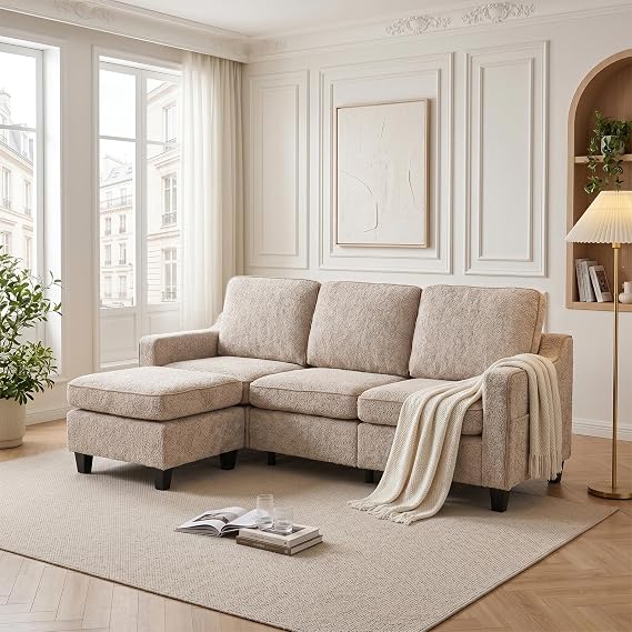 JIEXI 3+1-Seater Sofa with Ottoman, Freely Combinable Living Room Sofa made of Teddy Fleece, Breathable, High Load Capacity 230 kg, Including Side Pocket, Sofa for Living Room, Bedroom, Office - Khaki