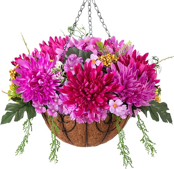 HyeFlora Artificial Mums Flowers Baskets for Outside Decoration, Fake Hanging Silk Fuchsia Flower, Faux Chrysanthemum Summer UV Resistant Realistic for Porch Patio Balcony Yard Outdoor Decor