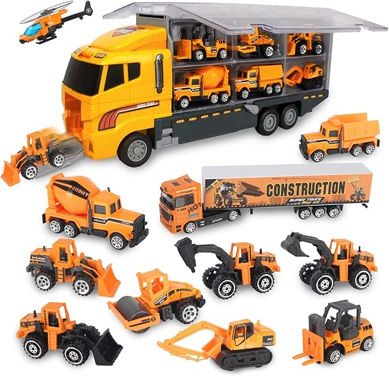 Toy Vehicle Mini Cars Model & Carrier Trucks, Transporter Construction Mini Excavator Digger Dumper Tractor Toy for Kids boys Age 3 4 5