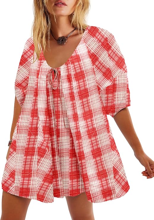 Yanekop Womens Romper Dress with Shorts Striped Romper Overall Oversized Short Jumpsuit V Neck Puff Sleeve Mini Dress