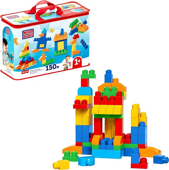 MEGA BLOKS First Builders Toddler Blocks Toys Set, Deluxe Building Bag with 150 Pieces and Storage, Creative Open-Ended Play, Blue, Ages 1+ Years, CNM43