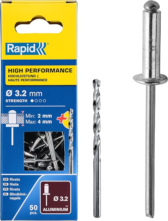 Rapid kör perçin Universal alüminyum, 50 adet matkap ucu dahil, 3,2 x 8 mm, 5000383