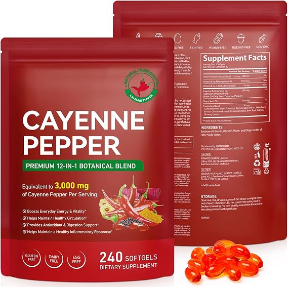 Cayenne Pepper Capsules 240 Softgels - 12-in-1 Capsaicin Supplements with Vitamin D3, K2 & E, Turmeric, Beet Root, Black Pepper Extrac - Supports Blood Circulation, Digestive Health, Daily Energy