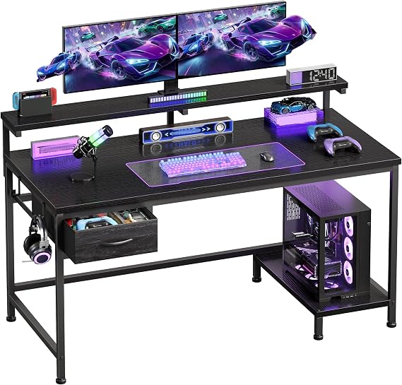 Small Gaming Desk with Drawer & Monitor Stand, 100x48x75cm Black