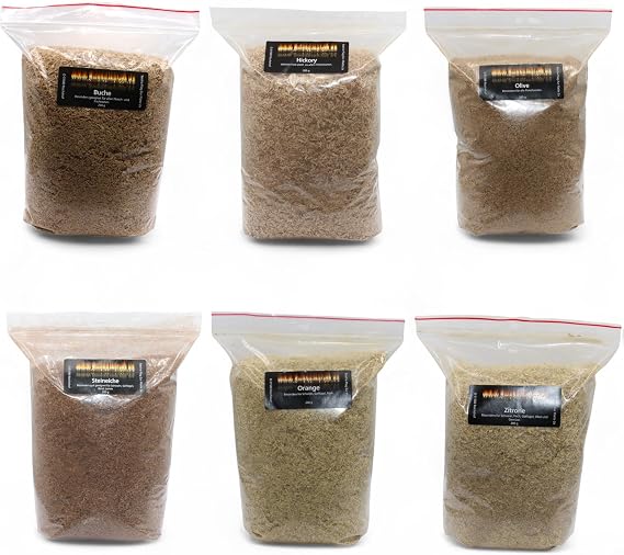 Räuchermehl Mix Set 6×200 g – für Kaltrauchgeräte & Kalträuchern – Buche Hickory Olive Steineiche Orange & Zitrone