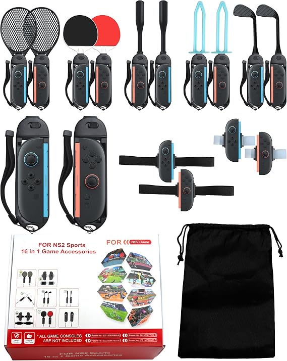 Switch 2 Sports Accessories, 16 in 1 Games Accessories Bundle for JoyCon 2 with Tennis Rackets, Golf Clubs, Ping Pong Paddles, Baseball Bats, Swords, Wrist & Leg Straps, and Shared Grips