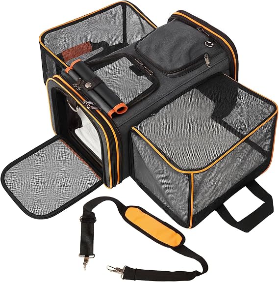Soft Sided Portable Cat Carrier with Extendable Space & Fleece Bed Foldable Pet Carrier for Cats/Small Dog/Bunnies With Adjustable Shoulder Strap & Removable Mat (Orange)